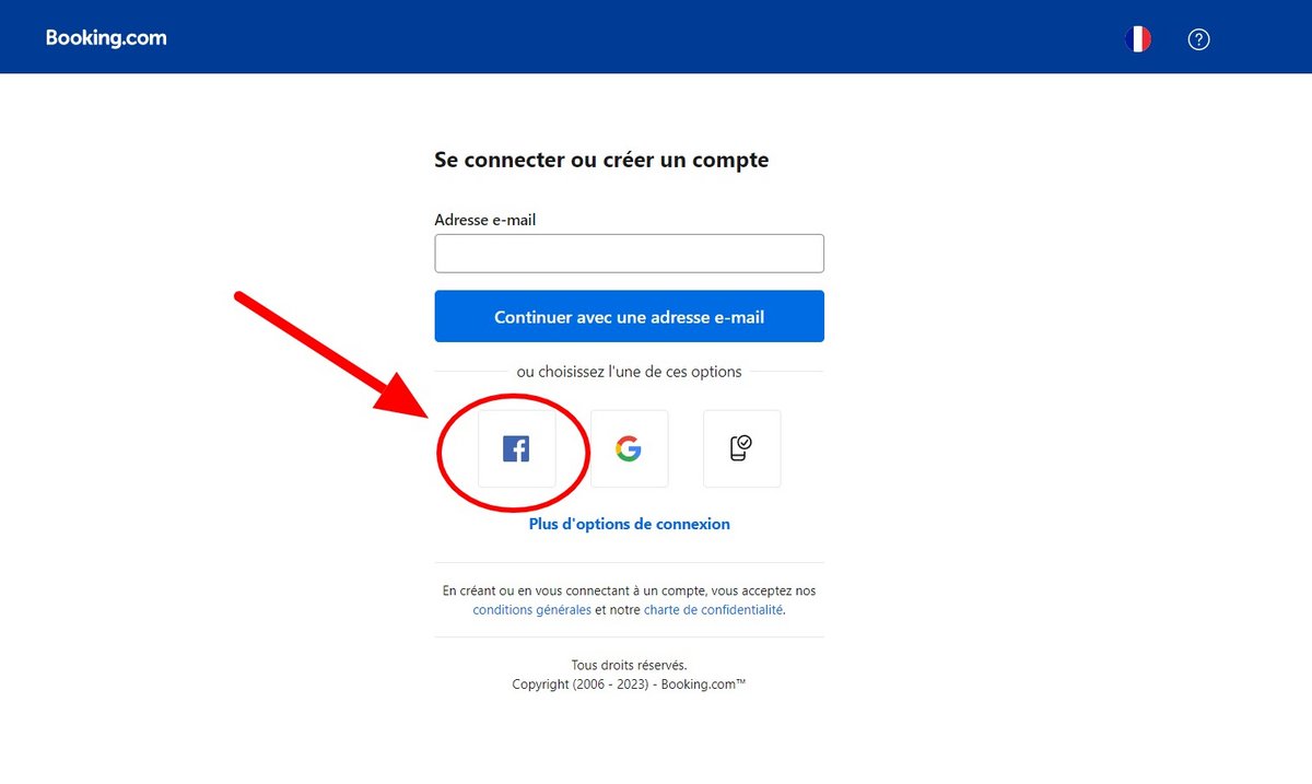 Le bouton Facebook lié au protocole OAuth sur Booking.com © Capture d'écran Clubic