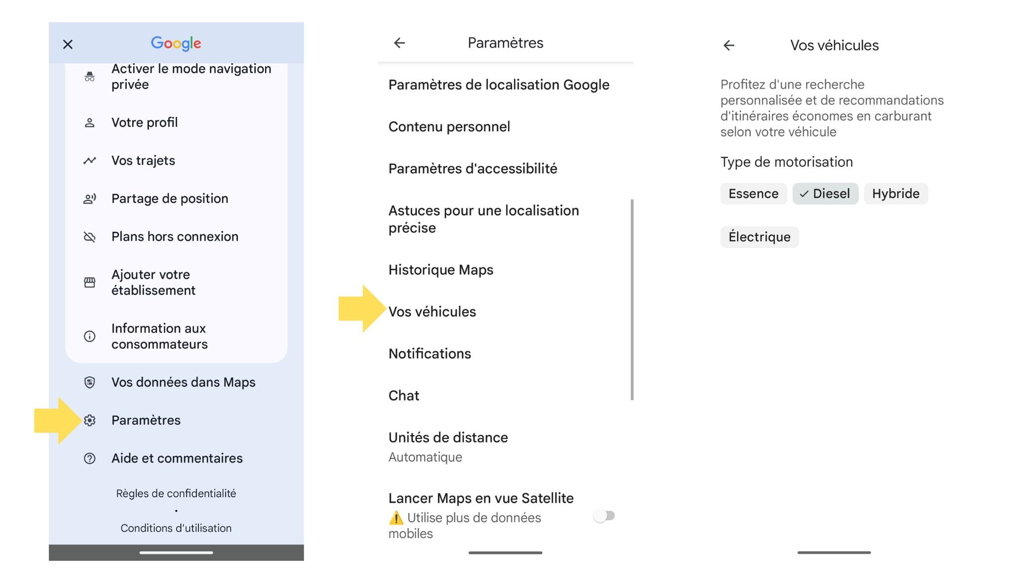Indiquez quel type de véhicule vous utilisez © Google