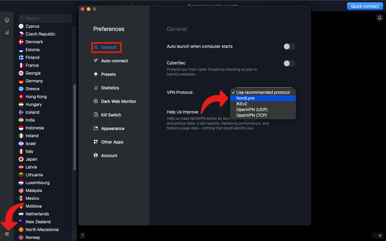 Vous pouvez choisir entre plusieurs protocoles, dont NordLynx. 
