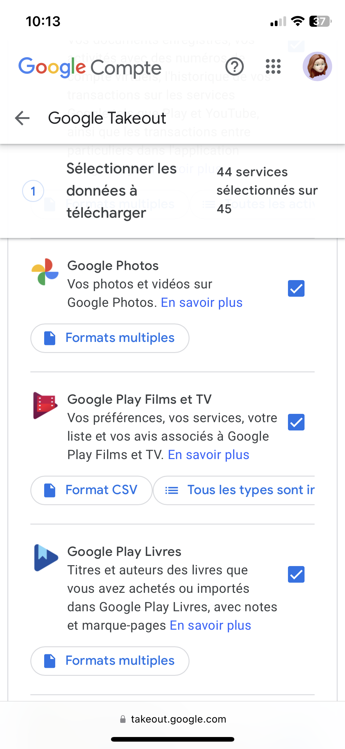 Google Takeout - aperçu des services