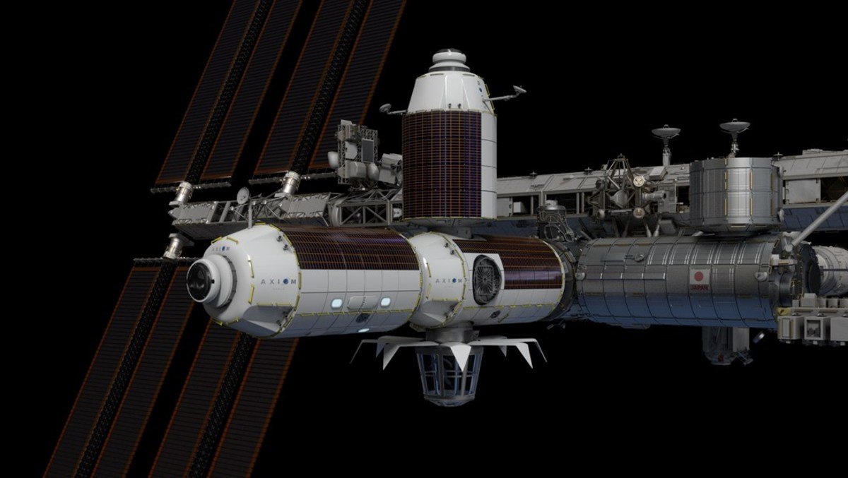 Vue d'artiste de l'extension possible de l'ISS avec les modules Axiom Space. Crédits Axiom Space