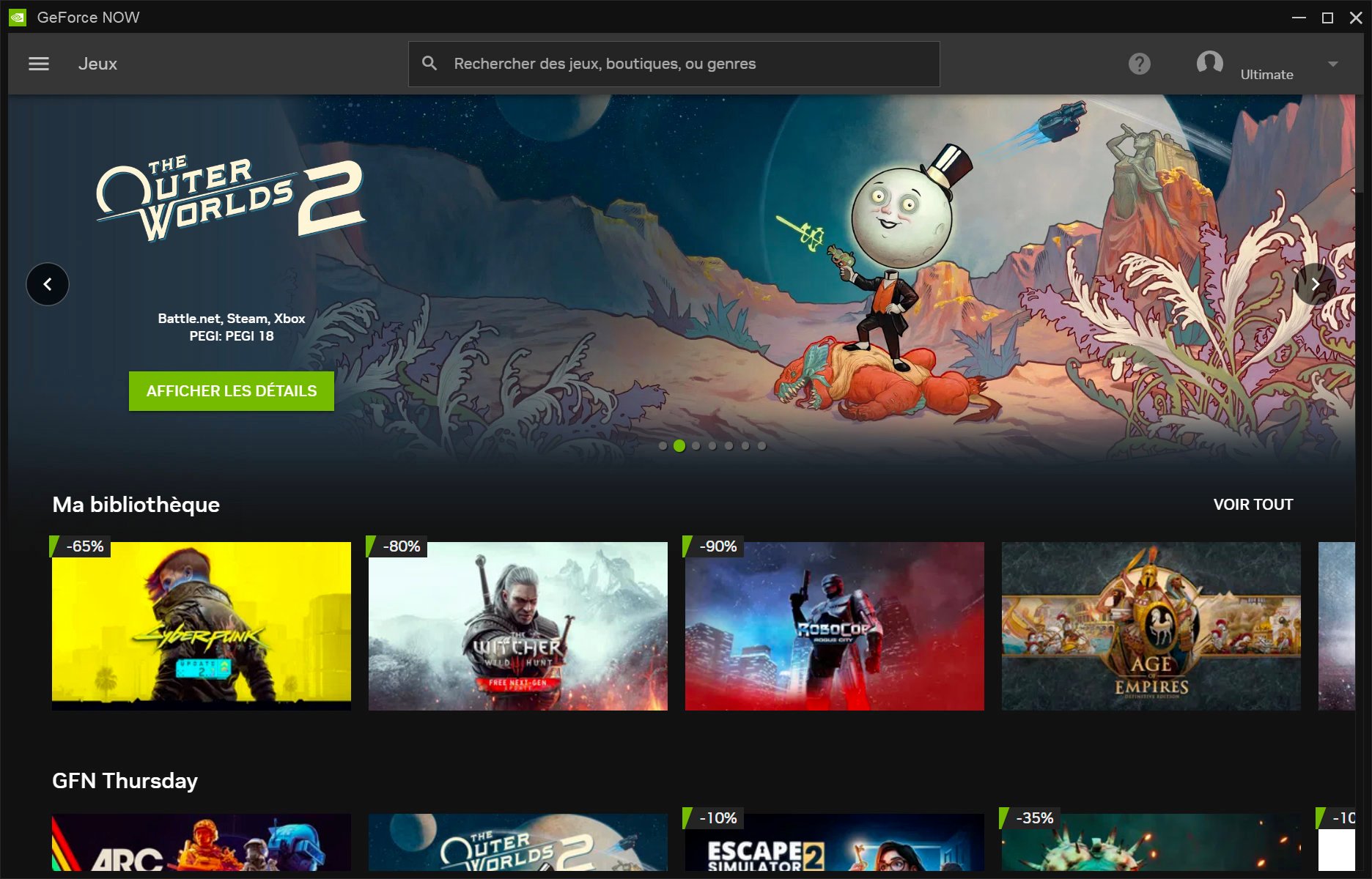 L'arrivée sur l'écran d'accueil, classique, de l'application GeForce NOW. ©Le Studio Clubic