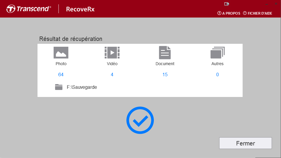 Montre le résultat d'une session de récupération avec le nombre de photos, vidéos et documents récupérés. © Transcend