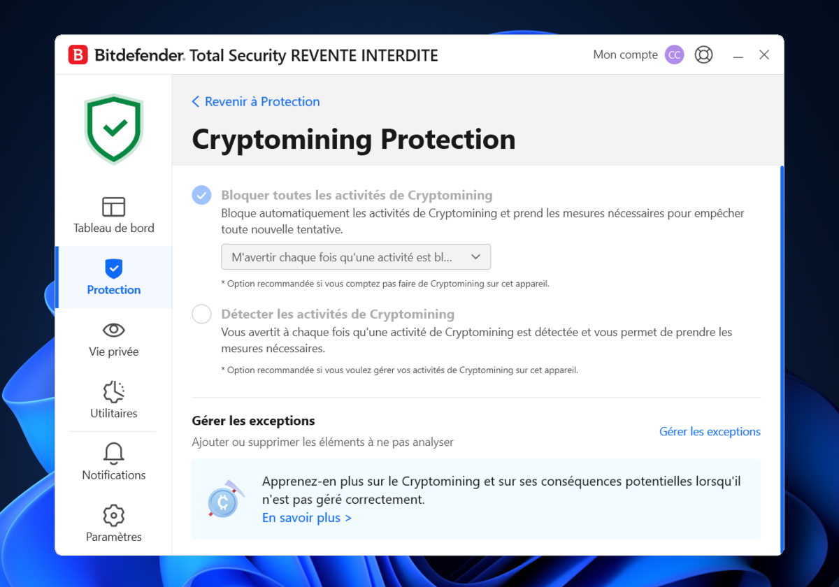 Un antivius comme Bitdefender peut offrir des outils de protection additionnels contre le cryptojacking © Clubic