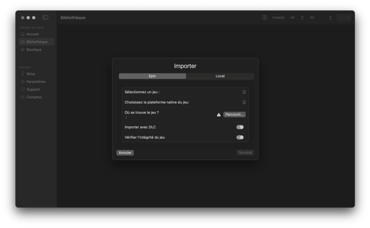 Importez vos jeux (Epic Games Store ou non dans l'application. 