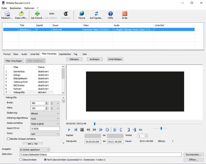 Section des filtres et des réglages vidéo dans XMedia Recode avec des options pour ajuster la taille et la qualité de la vidéo.