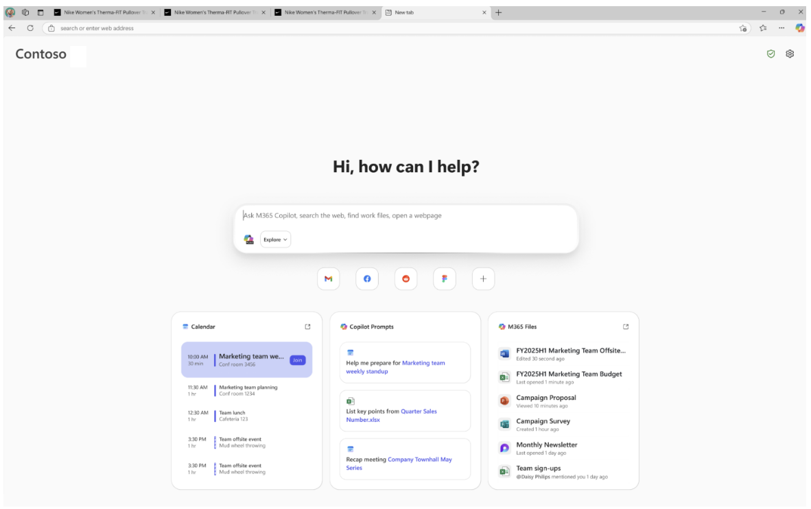 Edge for Business transforme son nouvel onglet en hub de travail mêlant recherche, prompts et documents récents. © Microsoft
