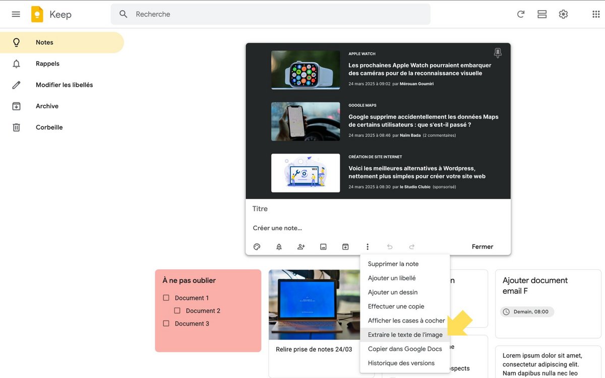 Une option d'extraction de texte dans Keep © Google