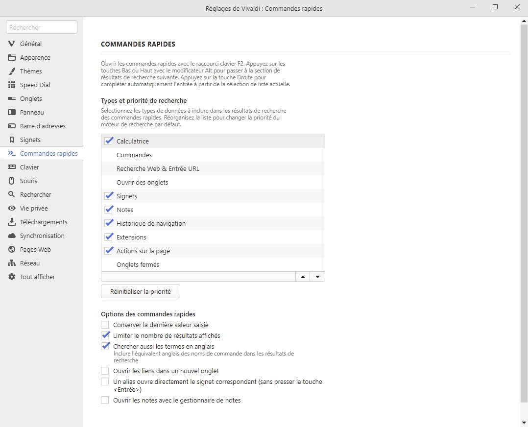 commandes rapides Vivaldi