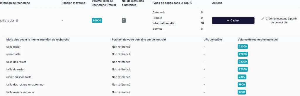 SEOpital permet, entre autres, d’identifier une intention de recherche et de regrouper automatiquement les mots-clés associés afin de repérer des opportunités éditoriales pertinentes - © SEOpital