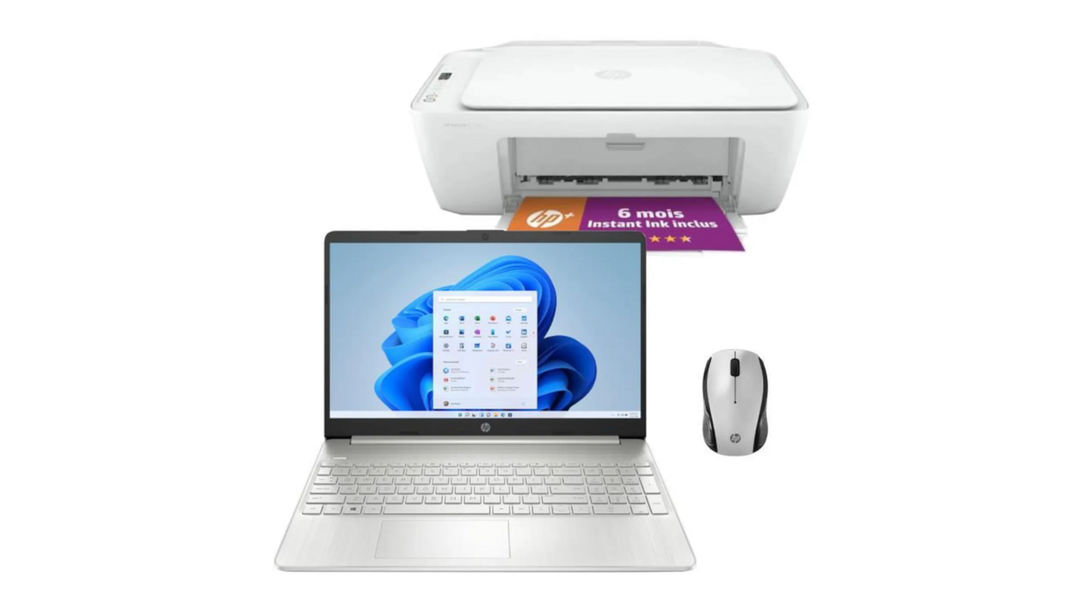 Le pack HP 15s-eq2074nf + HP Deskjet 2710e + HP 200