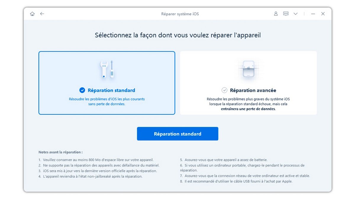 Vous pouvez choisir la façon dont vous souhaitez réparer votre iPhone ©ReiBoot
