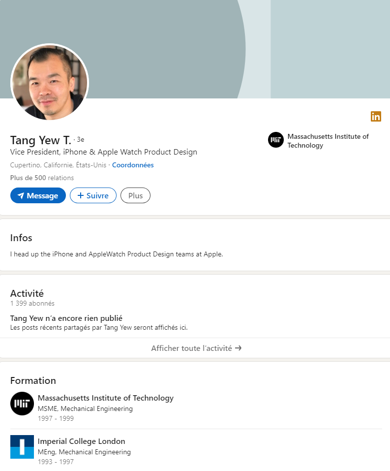 Une présence en ligne très discrète pour Tang Tan, qui ne reflète pas l'importance déterminante de son travail au sein d'Apple  © Capture d'écran / LinkedIn