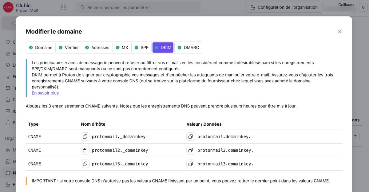 Exemple de paramétrage du DKIM sur Proton