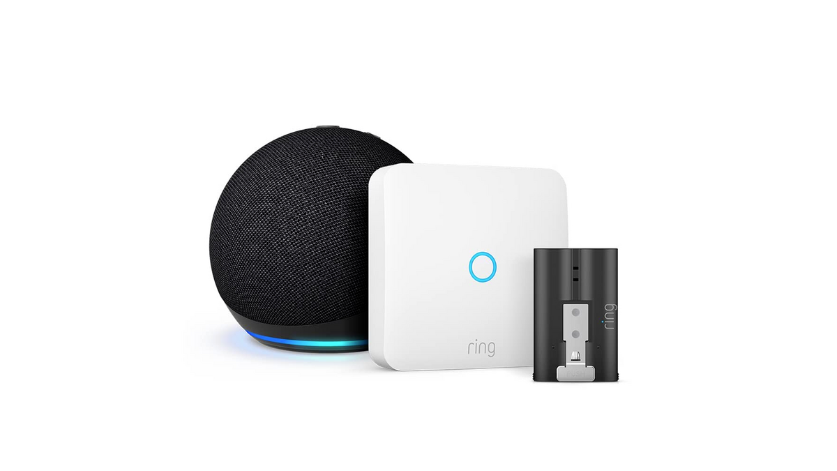 Le pack avec le Ring Intercom, l'Echo Dot 5 et une batterie de rechange