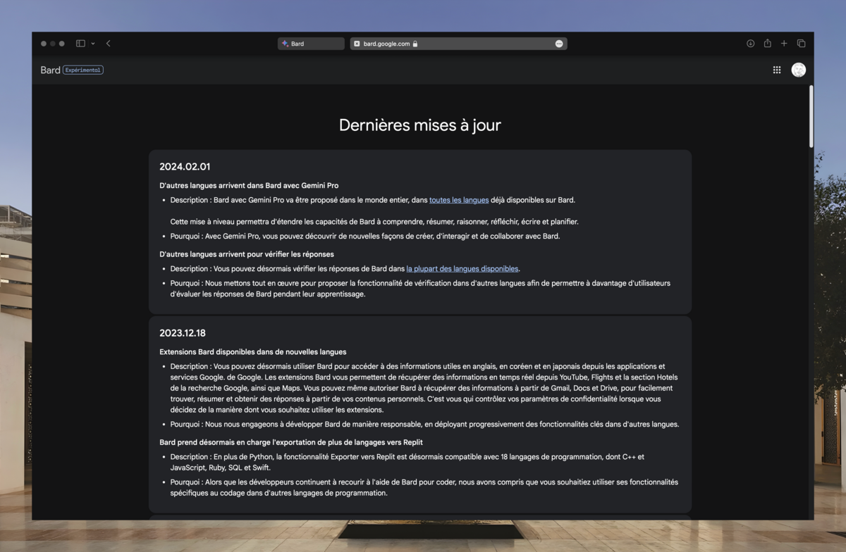 Les notes de mise à jour de Bard devraient mentionner la disponibilité de Gemini en français et dans d'autres langues © Clubic