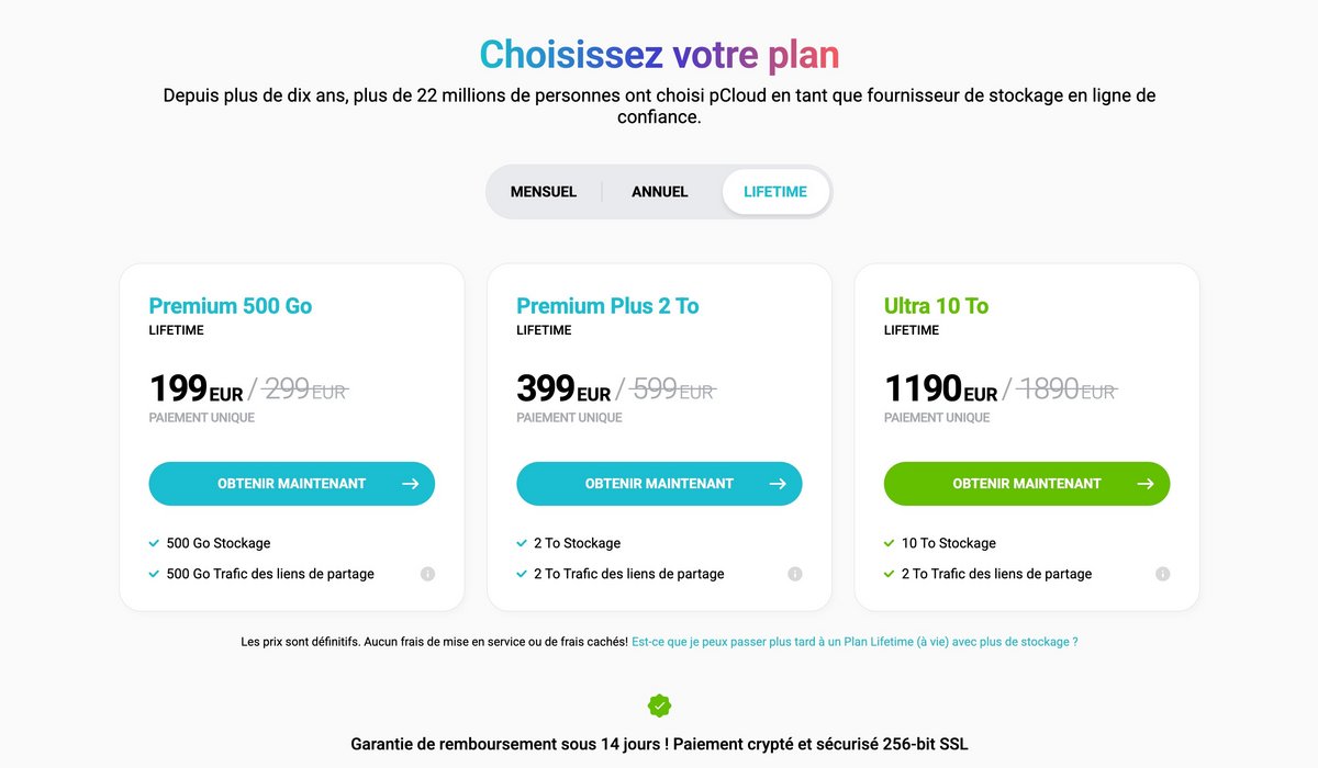 Des offres mensuelles, annuelles et à vie. ©pcloud