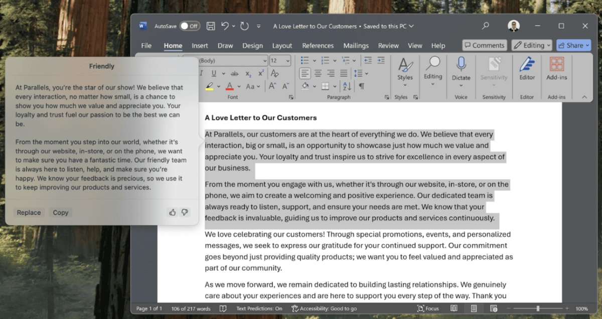 Apple Intelligence, dans Word, dans Windows 11 © Parallels 