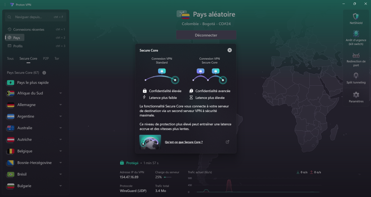 Proton VPN - Les serveurs Secure Core routent le trafic via la Suisse, l'Islande ou la Suède. © Clubic