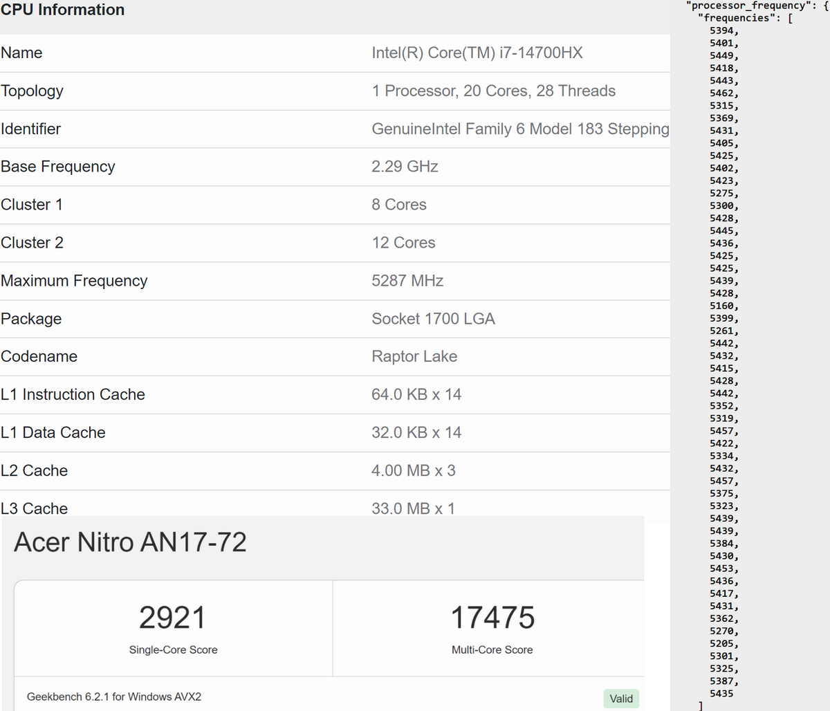 Détails du Core i7-14700HX sur Geekbench © VideoCardz