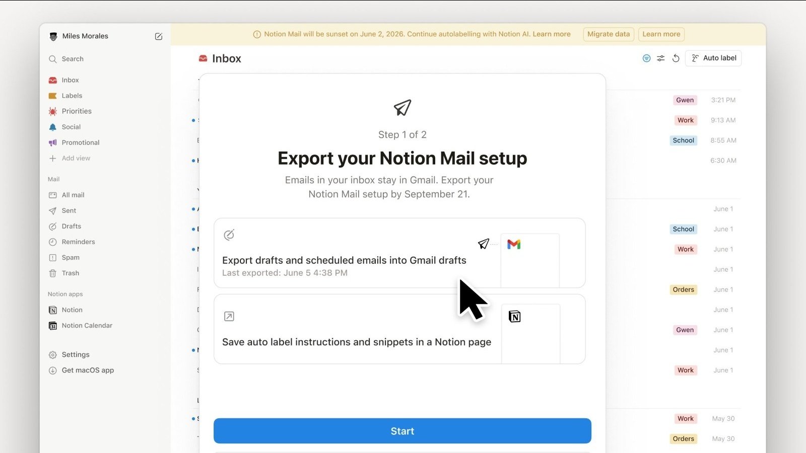 Les brouillons doivent être migrés vers Gmail, tout comme les e-mails programmés. Les snippets, c'est-à-dire les modèles de réponse réutilisables, peuvent être exportés pour être utilisés ailleurs - ©Notion