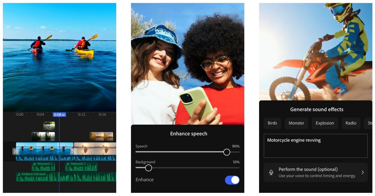 Ici, vous avez un aperçu des fonctionnalités de coupe, d'enregistrement de la voix et de la génération d'effets sonores personnalisés © Adobe