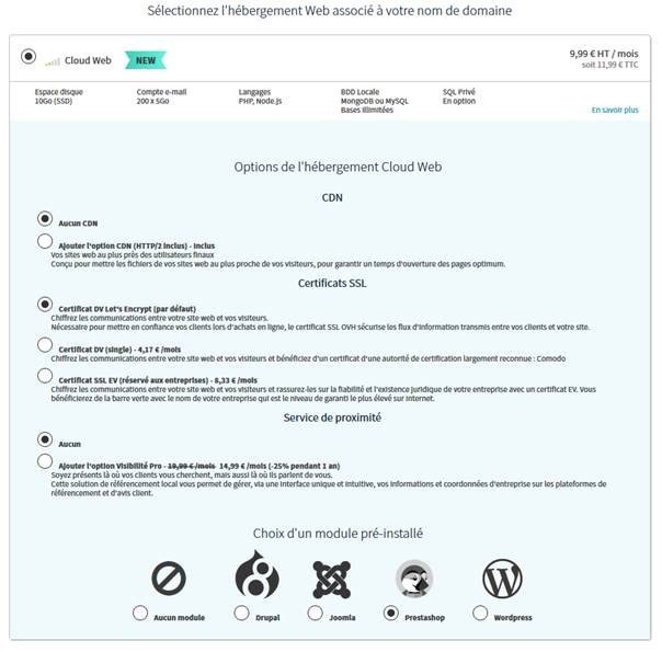  Choix des options et du module préinstallé dans le tunnel de commande de la console d'administration d'OVH