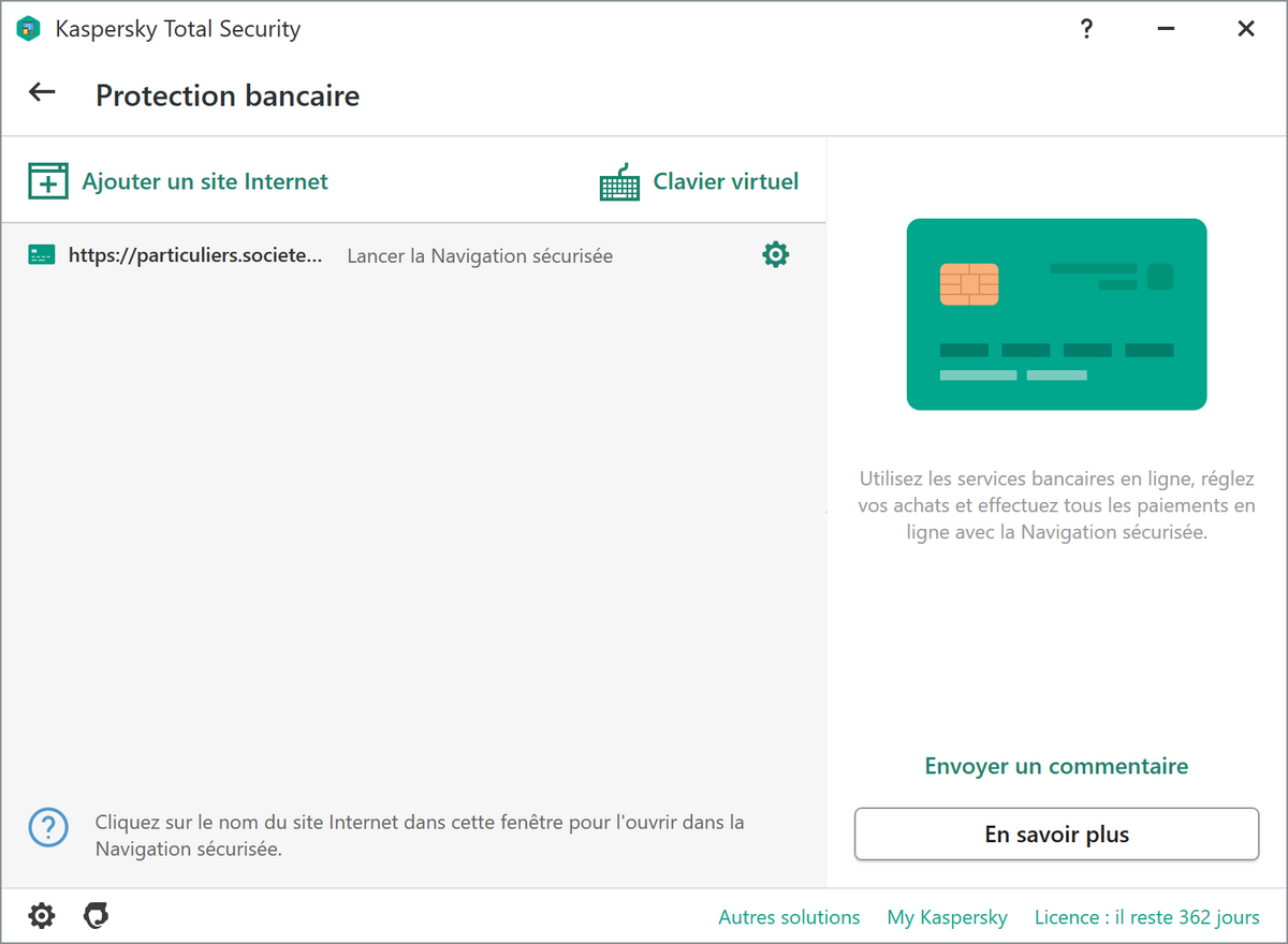 Kaspersky Total Security - La protection bancaire