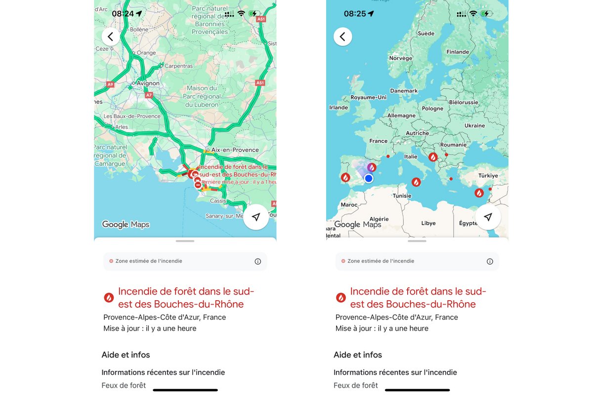 La fonctionnalité de suivi des incendies sur Google Maps. ©Capture d'écran / Clubic
