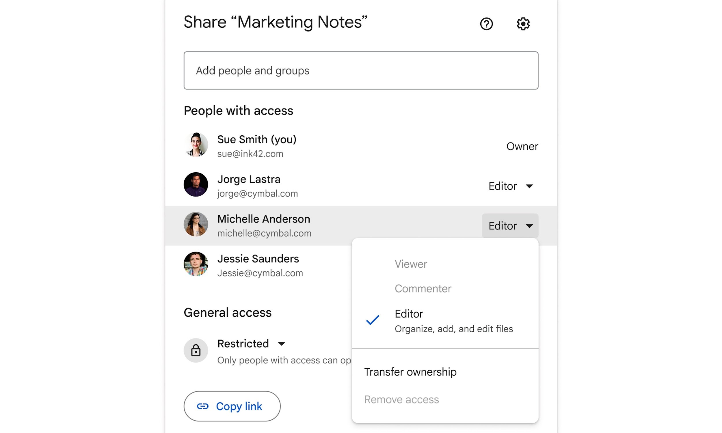  Les utilisateurs qui n’ont pas la permission de restreindre l’accès au dossier parent verront certaines options grisées ©Google
