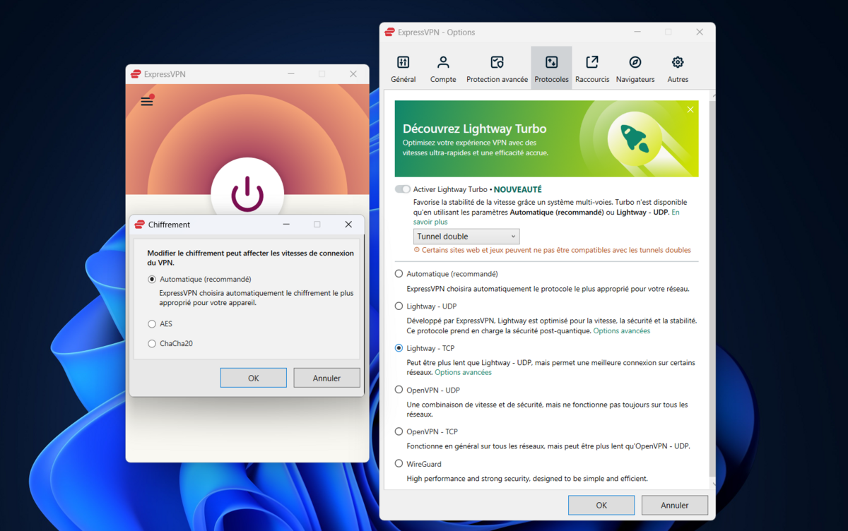 ExpressVPN - La version Windows embarque les protocoles OpenVPN, Lightway et WireGuard. © Clubic