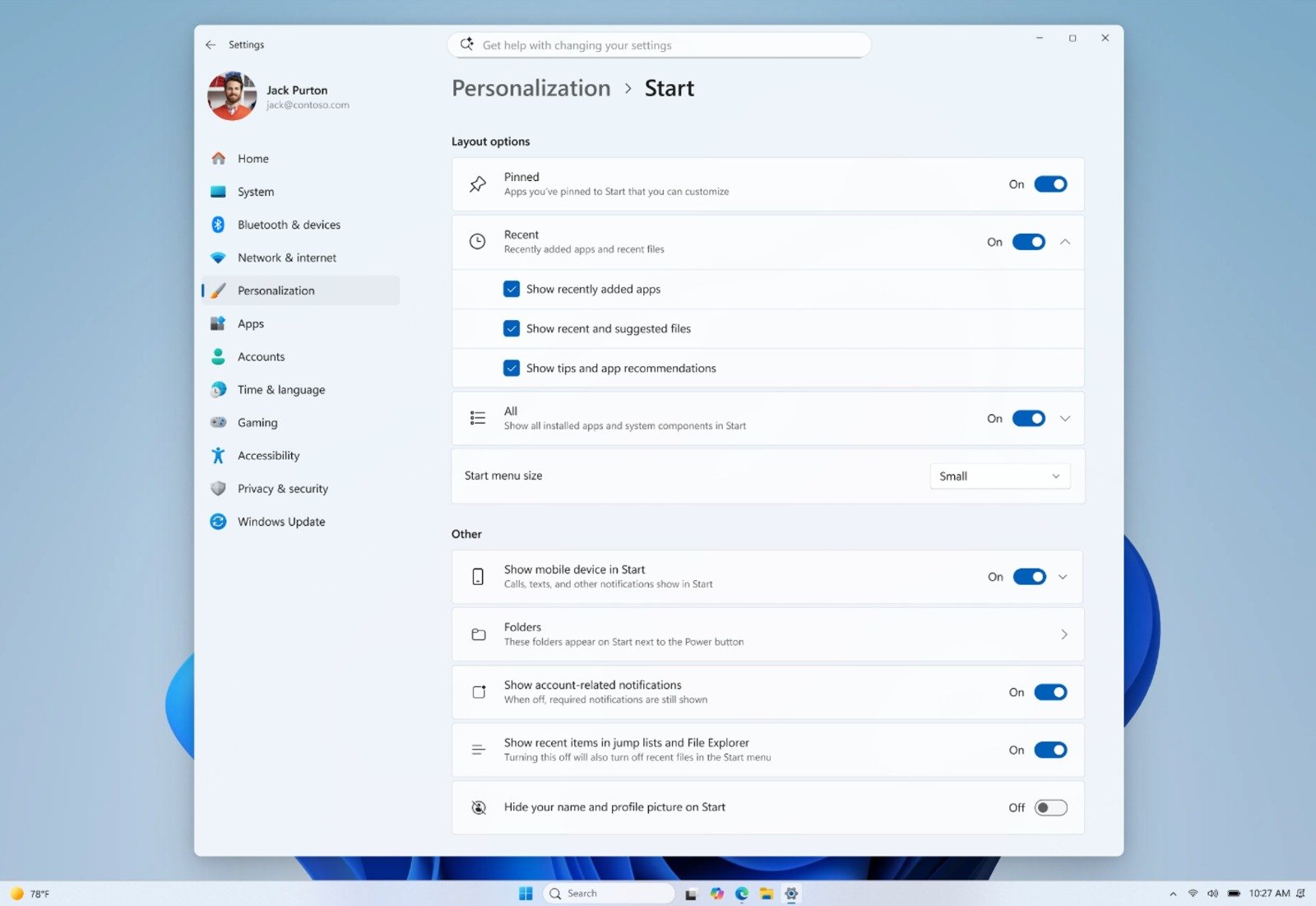 L'écran de configuration du nouveau menu Démarrer de Windows 11. ©Microsoft