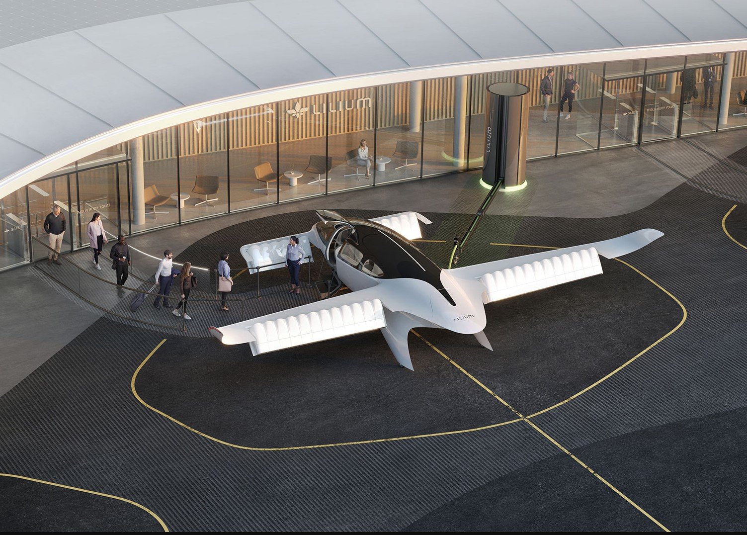 Si Lilium présente son appareil comme un "jet", sa propulsion est en réalité assurée par de simples hélices carénées équipées de moteurs électriques individuels. © Lilium 