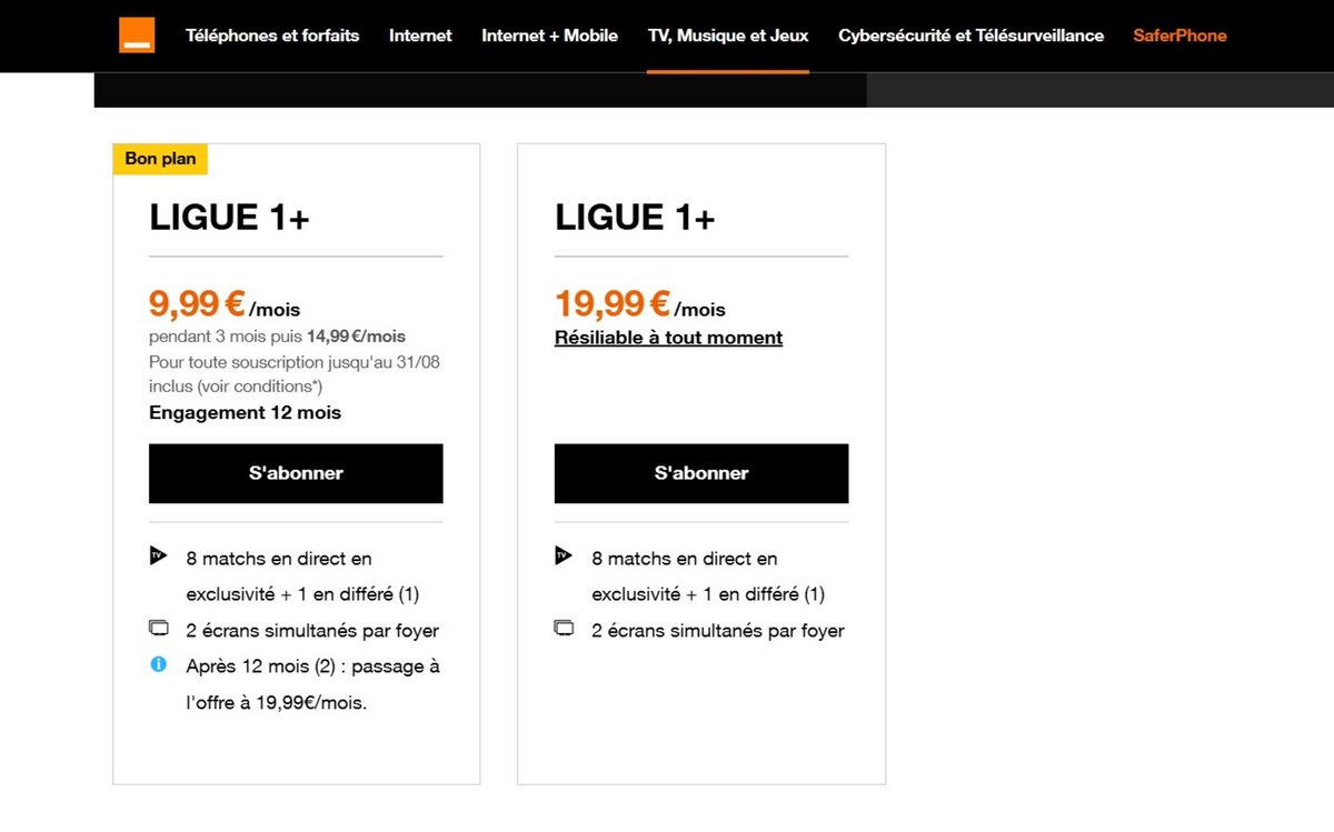Formules d'abonnement à Ligue1+ via les opérateurs, ici Orange en exemple © Alexandre Boero / Clubic