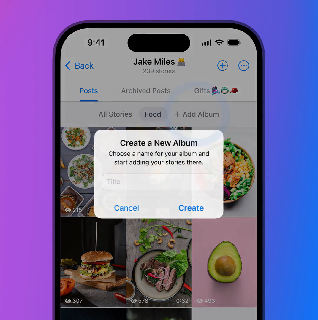 Vous pouvez maintenant créer de nouveaux albums de stories dans votre profil Telegram. © Telegram