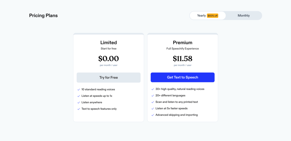 Un abonnement spécial pour la fonctionnalité Text-to-Speech © Speechify Inc.