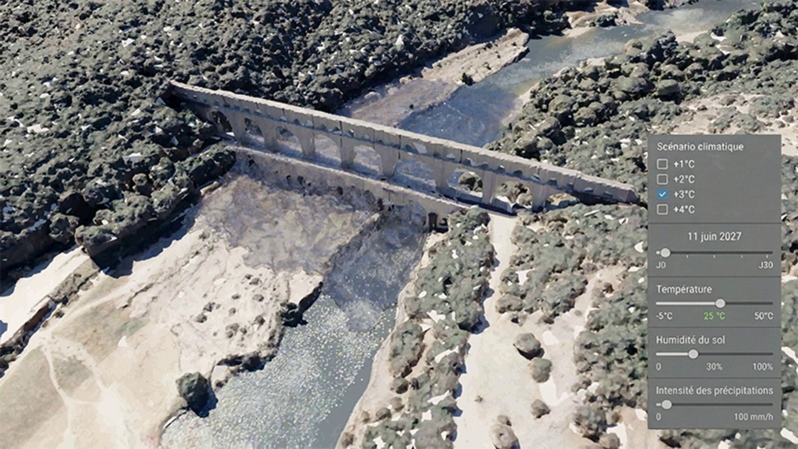 Simulation de crue du Pont du Gard. © UGE-LASTIG - IGN, réalisé avec IA