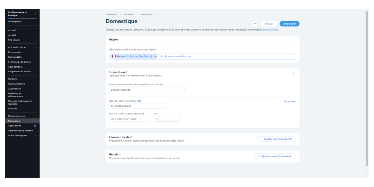 Wix - Gestion des livraisons en France