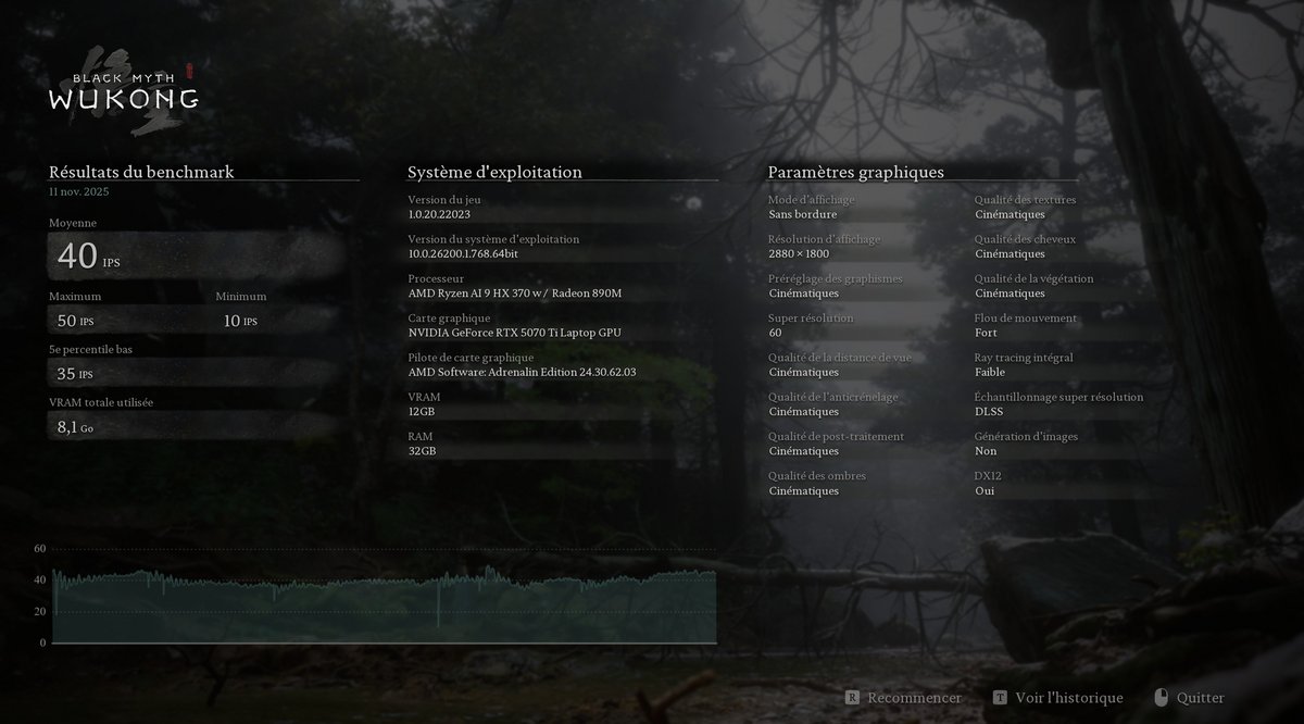 Les résultats sous Black Myth Wukong avec le Path tracing au niveau minimal et la génération de frames coupée