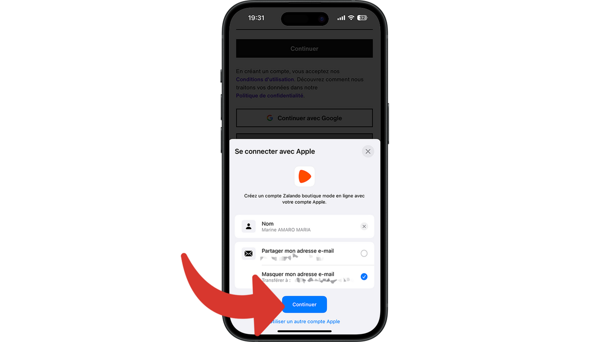 Continuer la création de compte en masquer votre e-mail © Clubic