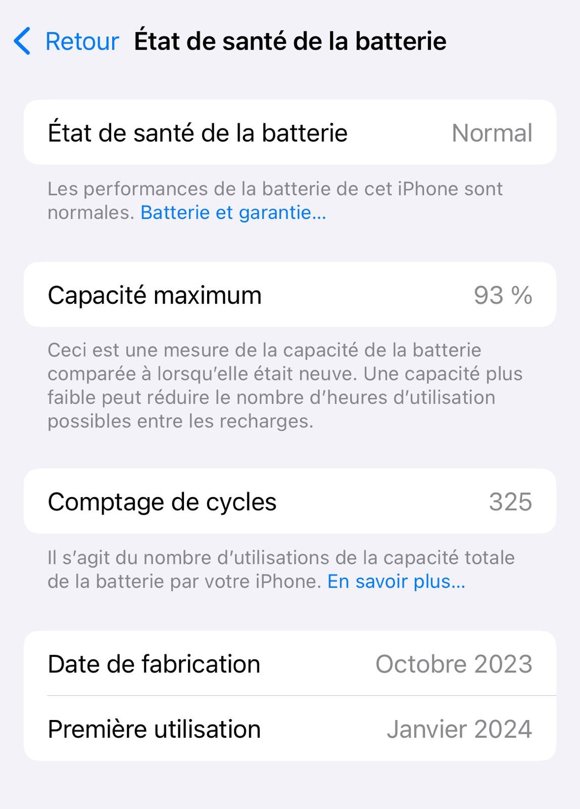 Les conditions de la batterie d'un iPhone 15 Pro acheté en janvier 2024 © Stéphane Ficca pour Clubic