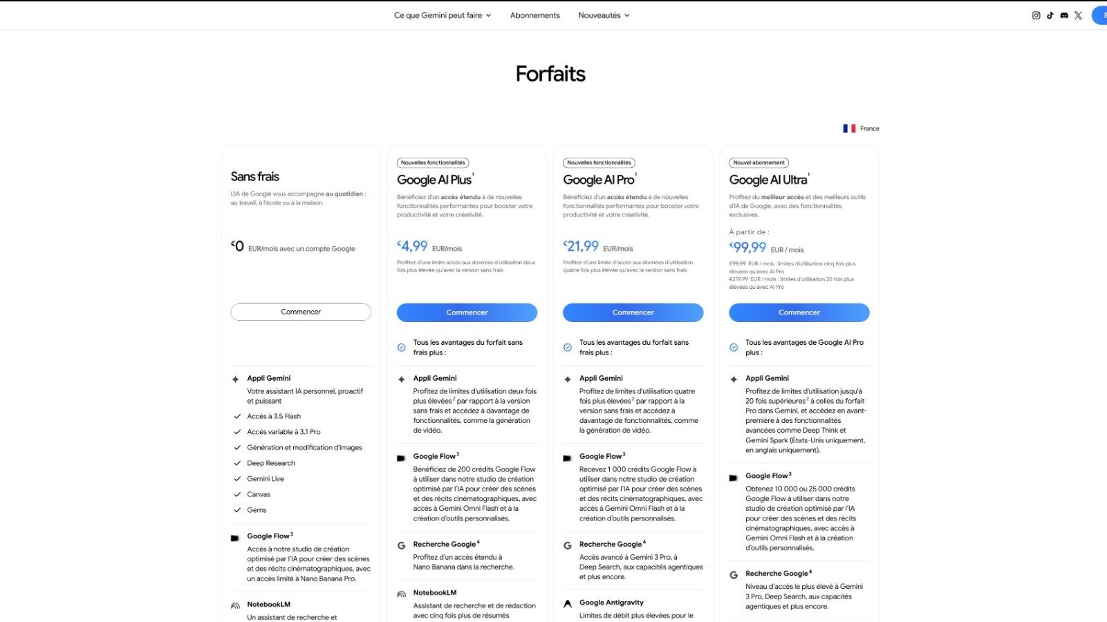 Les différents forfaits IA proposés par Google en France. ©Nicolas Guyot pour Clubic