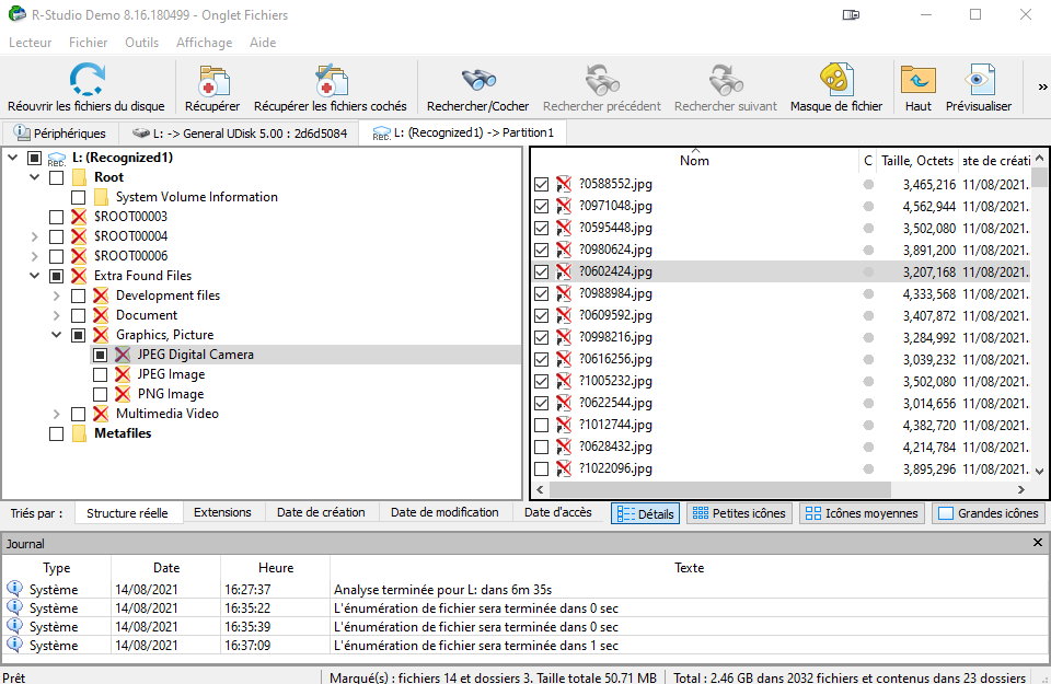 Interface R-Studio affichant la restauration de fichiers depuis une partition reconnue.