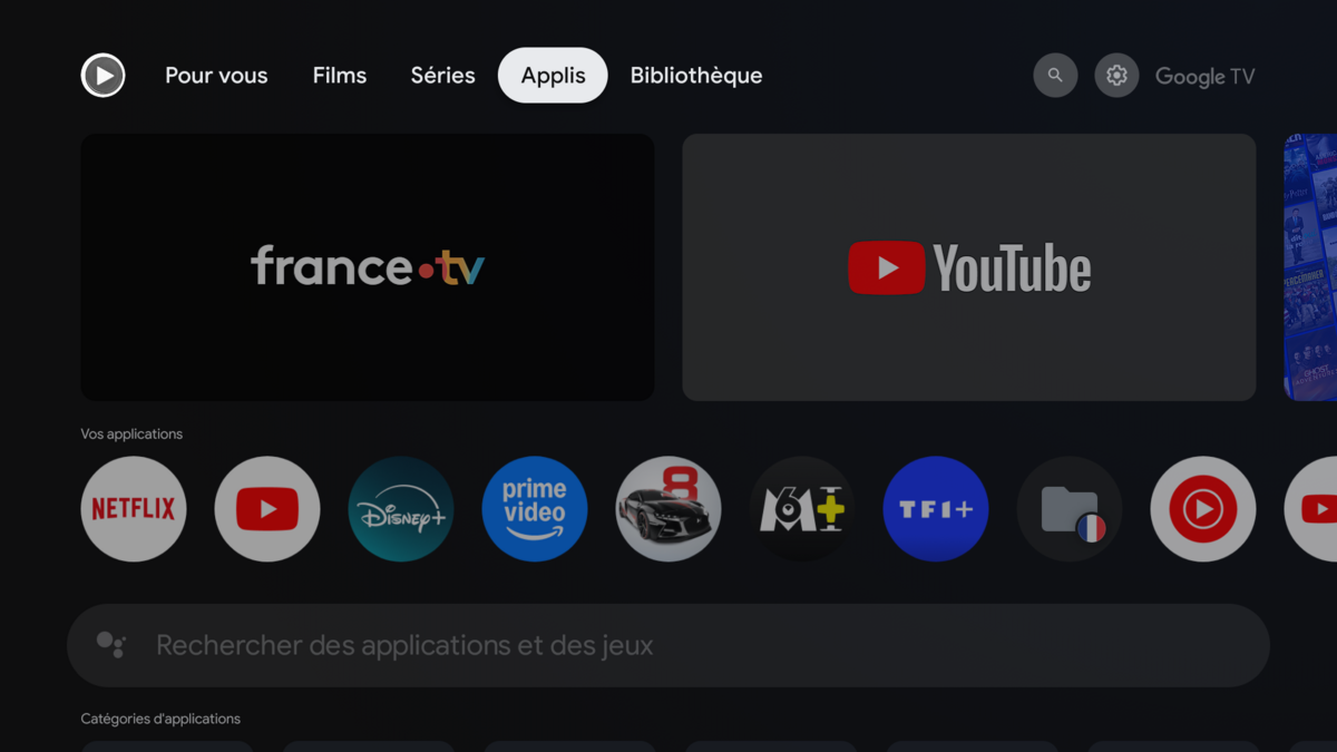 L'onglet « Apps » ne donne accès qu'aux logiciels installés sur l'appareil et au champ de recherche permettant de télécharger les applications portées sur Google TV © Clubic.com