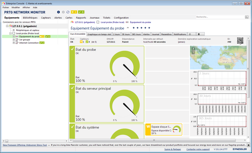 Ce tableau de bord PRTG affiche les principales métriques du réseau en fonction des données enregistrées par les capteurs.