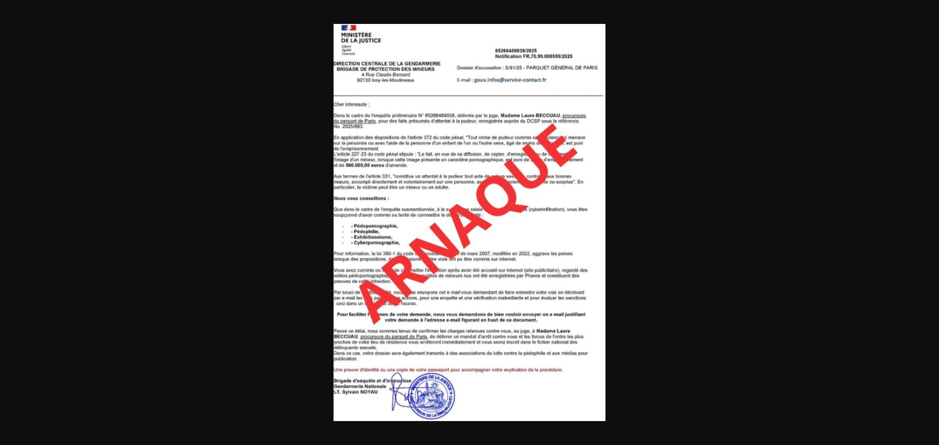 Voici le mail dénoncé par la Gendarmerie ces derniers jours © Gendarmerie nationale