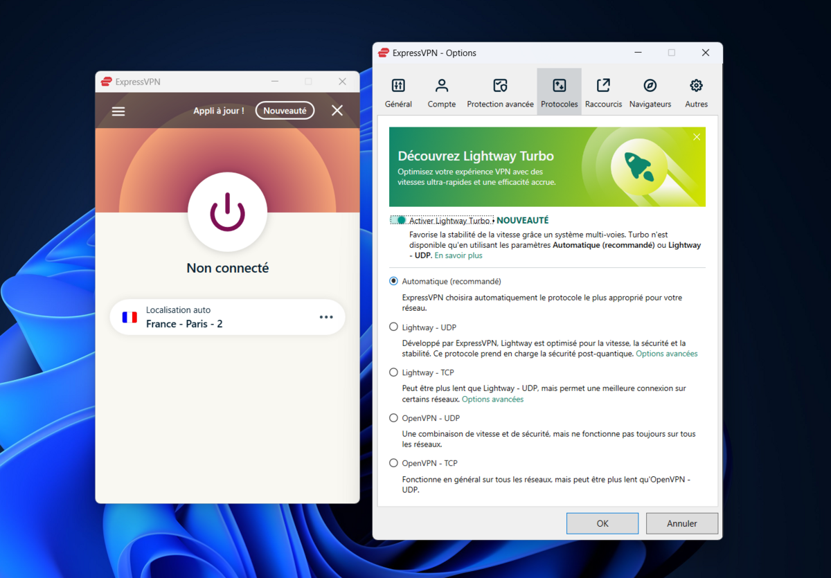 Lightway Turbo est d'ores et déjà disponible dans la dernière version du client ExpressVPN pour Windows © Clubic