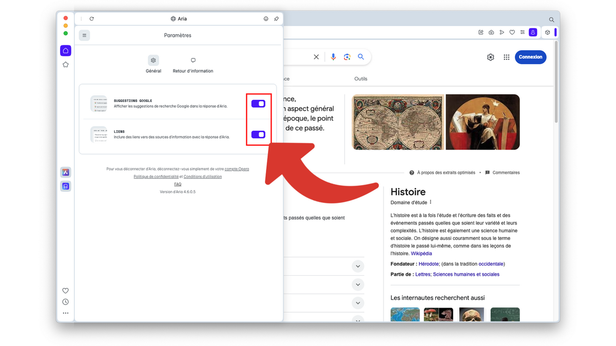 Gérer les paramètres d'Aria concernant les suggestions Google et les liens © Clubic