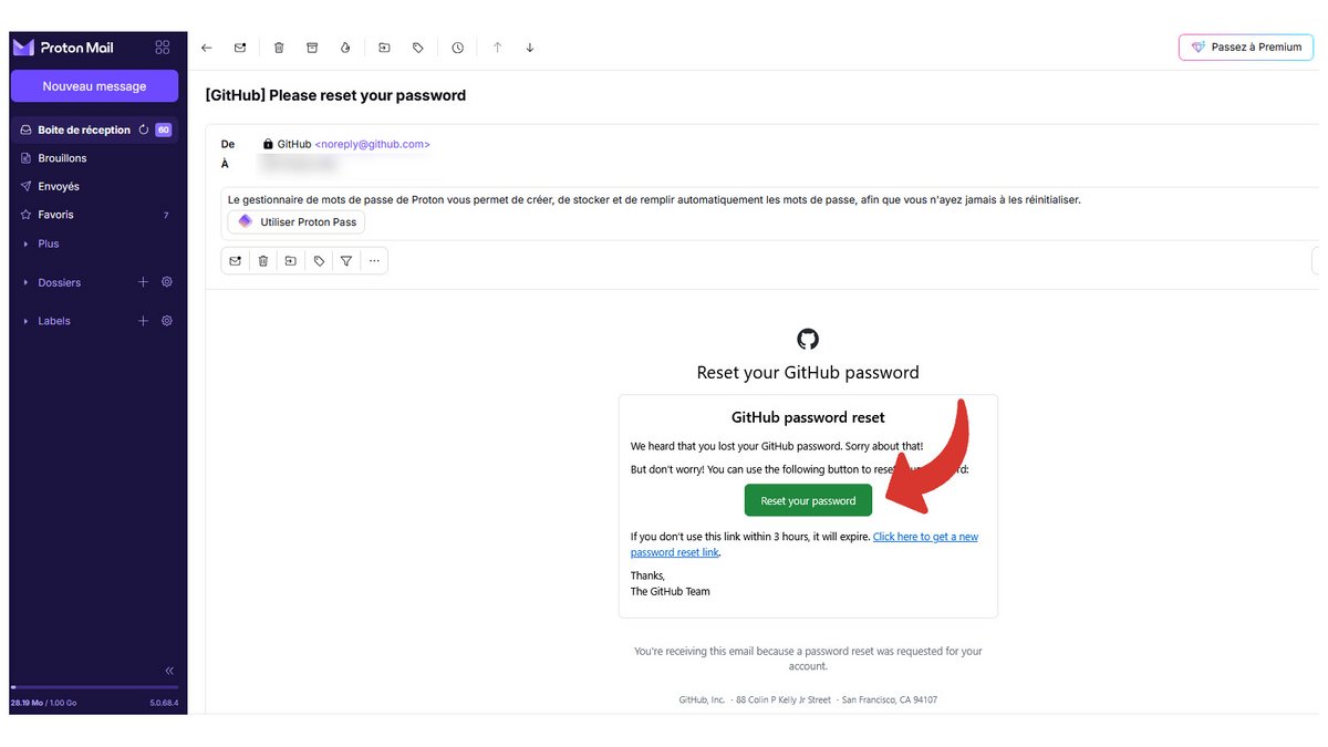 Mail de réinitialisation de mot de passe GitHub © Pascale Duc pour Clubic